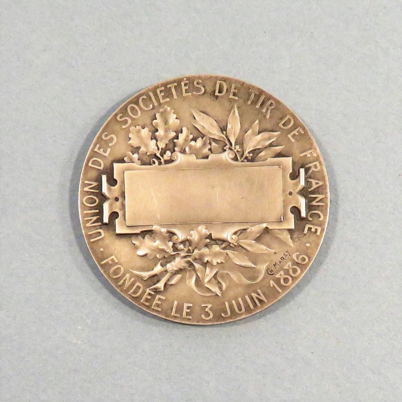 MEDAILLE EN BRONZE ARGENTE DE L'UNION DES SOCIETES DE TIR DE FRANCE FONDEE EN 1886 DIAMETRE 4.5