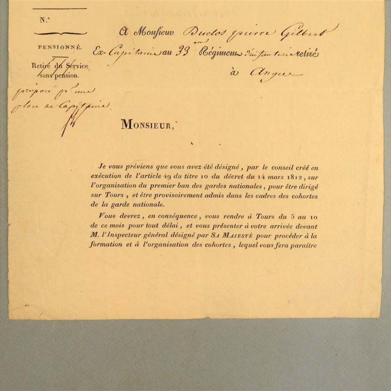 LETTRE DE 1812 DU BARON D'EMPIRE PREFET DU MAINE ET LOIRE A.P.F. HELY D'OISSEL A UN EX CAPITAINE DU 33 ème D'INFANTERIE *