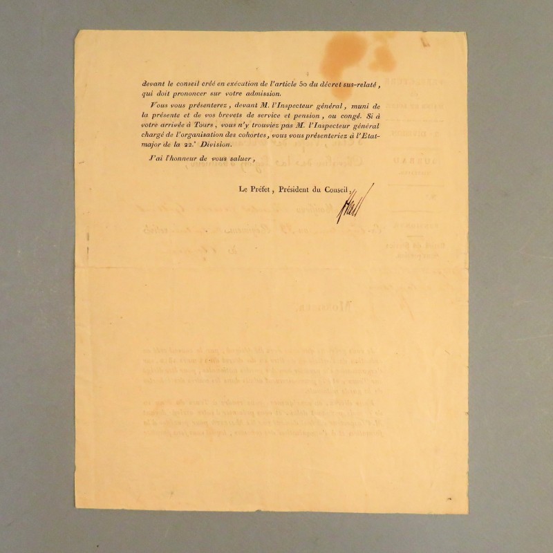 LETTRE DE 1812 DU BARON D'EMPIRE PREFET DU MAINE ET LOIRE A.P.F. HELY D'OISSEL A UN EX CAPITAINE DU 33 ème D'INFANTERIE *