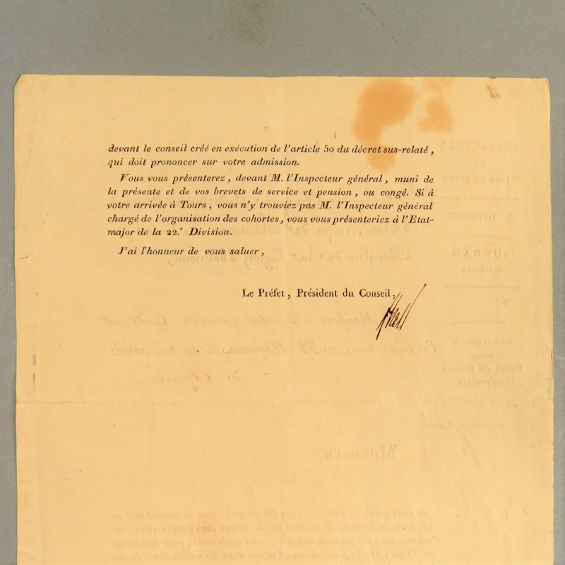 LETTRE DE 1812 DU BARON D'EMPIRE PREFET DU MAINE ET LOIRE A.P.F. HELY D'OISSEL A UN EX CAPITAINE DU 33 ème D'INFANTERIE *