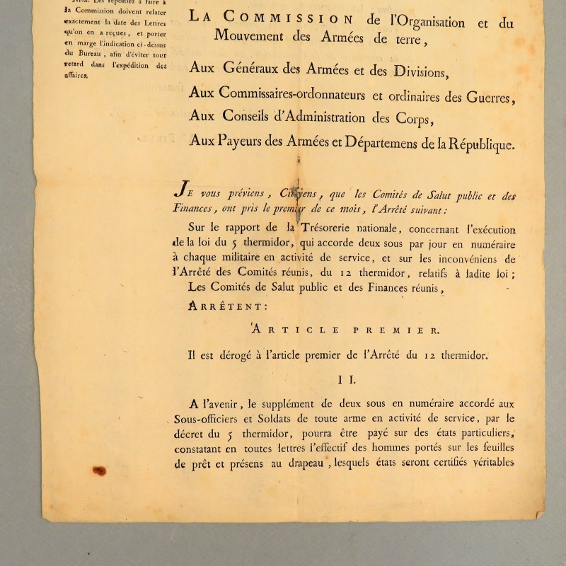 REVOLUTION LETTRE DE L'AN IV (1795) COMMISSION DE L'ORGANISATION ET MOUVEMENT DES ARMEES DE TERRE PAR LE GENERAL L.A. PILLE *