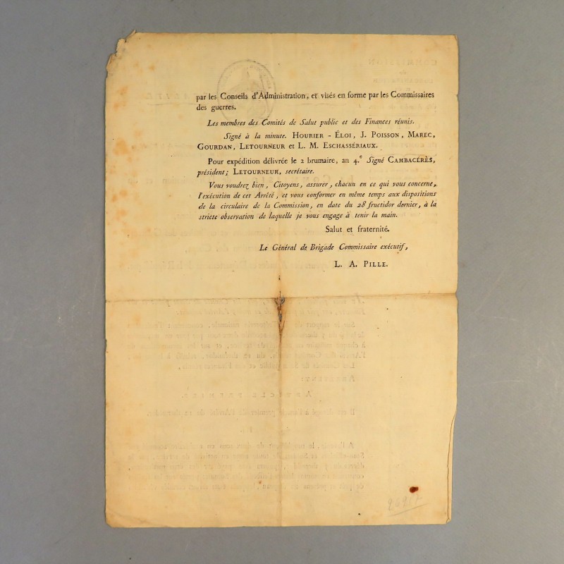 REVOLUTION LETTRE DE L'AN IV (1795) COMMISSION DE L'ORGANISATION ET MOUVEMENT DES ARMEES DE TERRE PAR LE GENERAL L.A. PILLE *