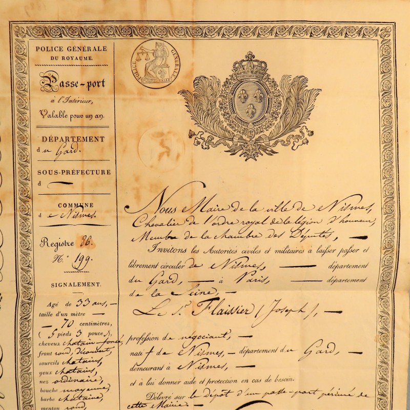 ARCHIVE CHARLES X PASSEPORT DE LA VILLE DE NIMES DU 30 MARS 1829