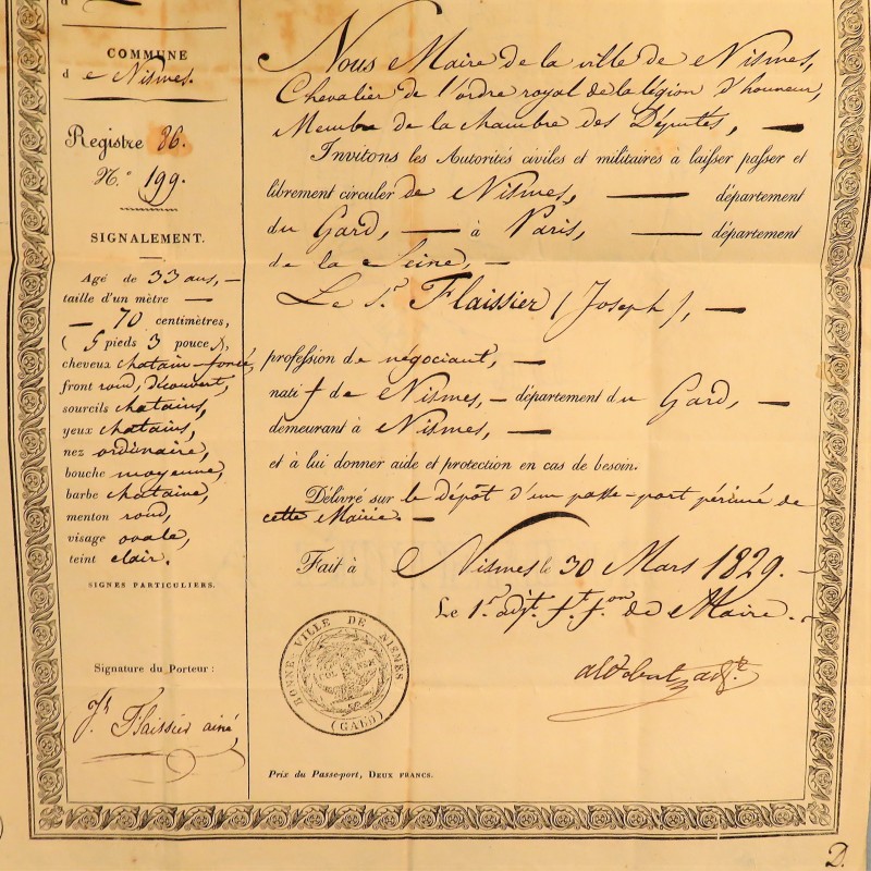 ARCHIVE CHARLES X PASSEPORT DE LA VILLE DE NIMES DU 30 MARS 1829