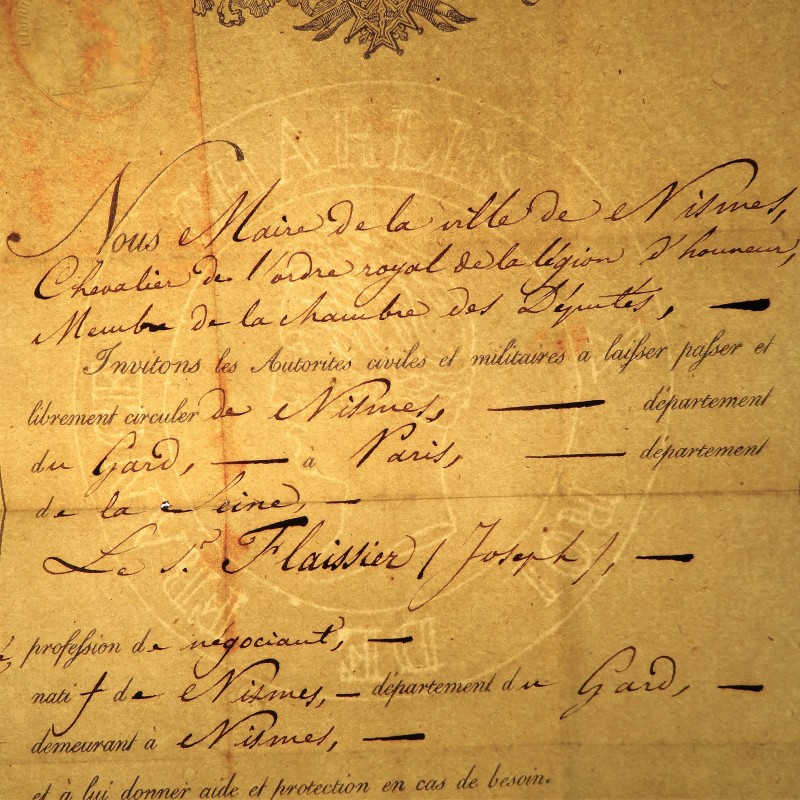 ARCHIVE CHARLES X PASSEPORT DE LA VILLE DE NIMES DU 30 MARS 1829