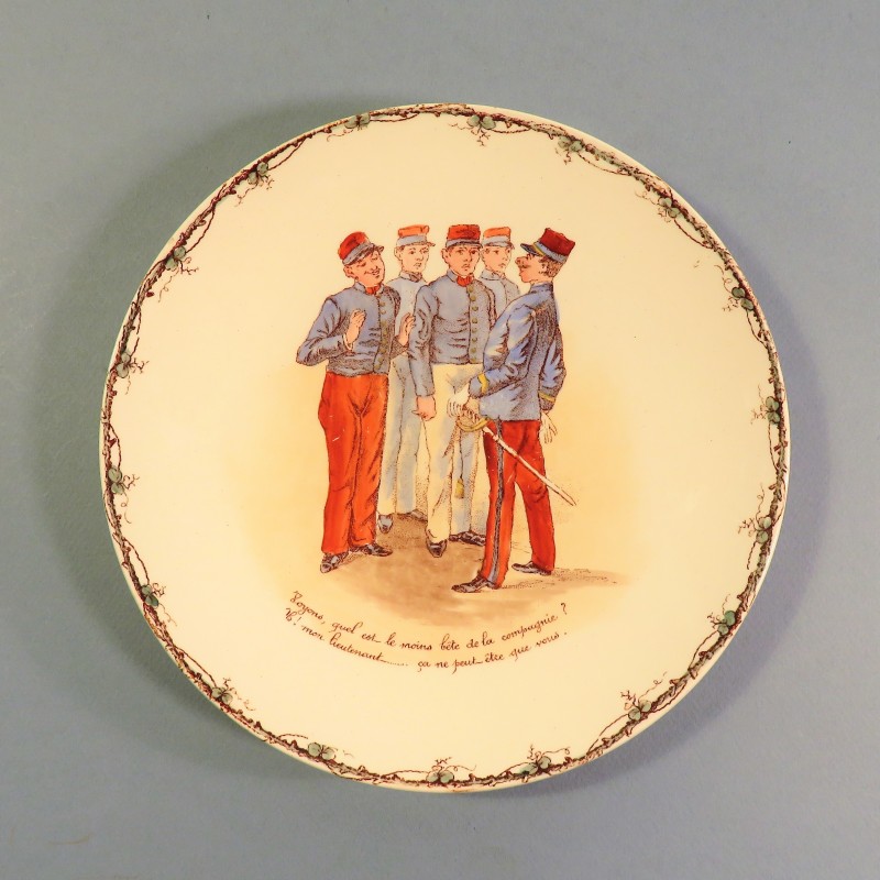 ENSEMBLE DE 6 ASSIETTES HUMOURISTIQUES MILITAIRES INFANTERIE TROISIEME REPUBLIQUE 1900 K &G LUNEVILLE