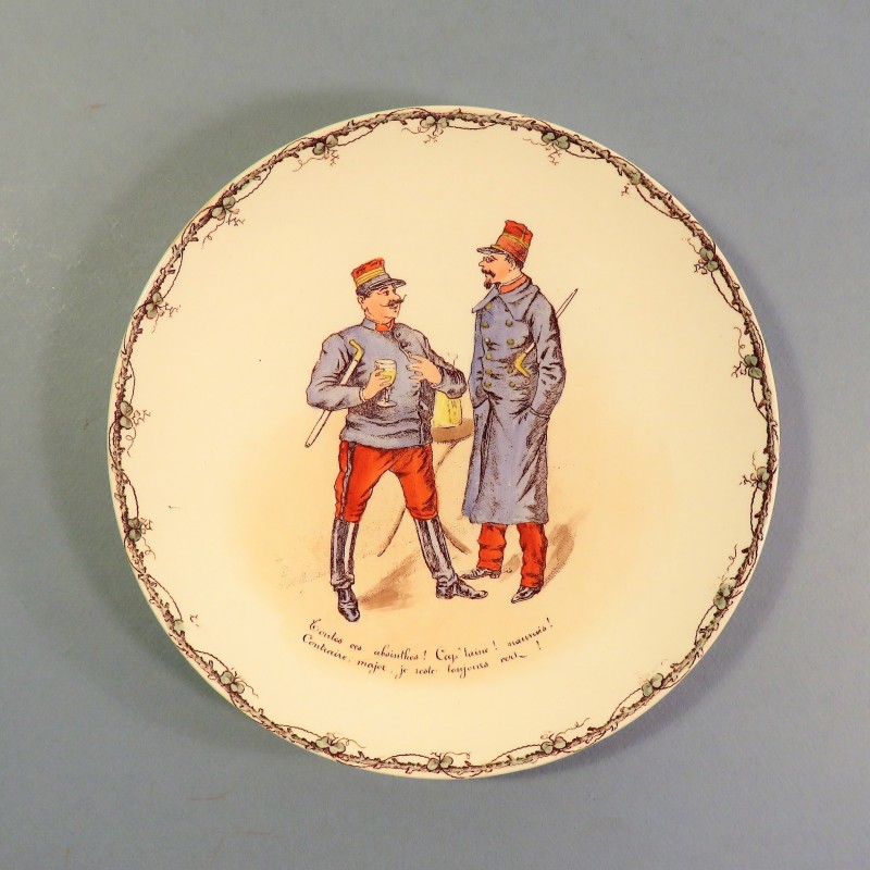 ENSEMBLE DE 6 ASSIETTES HUMOURISTIQUES MILITAIRES INFANTERIE TROISIEME REPUBLIQUE 1900 K &G LUNEVILLE