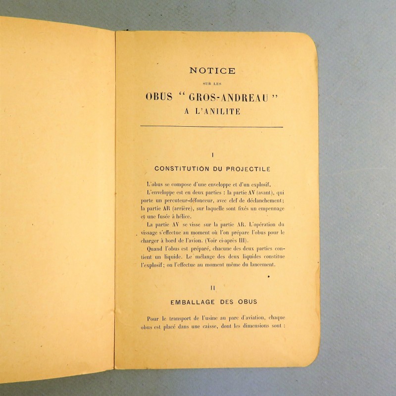 NOTICE TECHNIQUE INSTRUCTION SUR LES OBUS GROS-ANDREAU A L'ANILITE SERVICE DE FABRICATION AVIATION MILITAIRE DATEE 1916