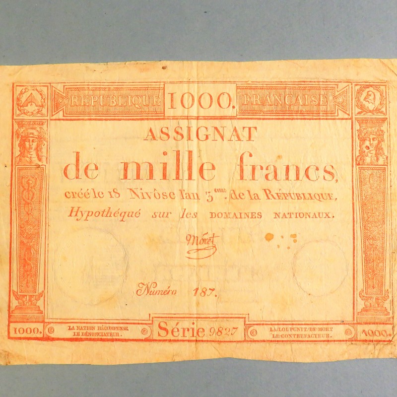 BILLET ASSIGNAT REVOLUTIONNAIRE DE 1000 FRANCS AN 5 DE LA REPUBLIQUE N° 187 SERIE 9827 REVOLUTION FRANCAISE