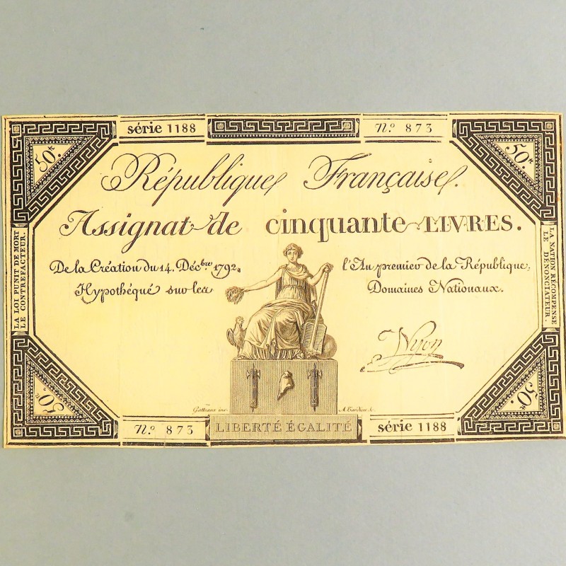 BILLET ASSIGNAT REVOLUTIONNAIRE DE 50 LIVRE 1792 AN 1 DE LA REPUBLIQUE N° 873 SERIE 1188 REVOLUTION FRANCAISE