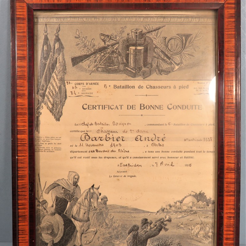 CADRE CERTIFICAT DE BONNE CONDUITE  Au 5 ème BATAILLON DE CHASSEURS A PIED DATE 1925