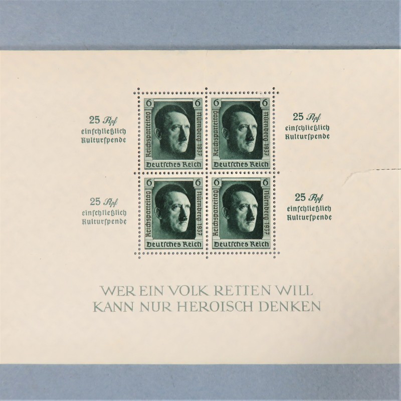 BLOCK FEUILLET DE 4 TIMBRES ALLEMAND III ème REICH ADOLF HITLER 25 RPF NURNBERG 1937 JOUR DU PARTI