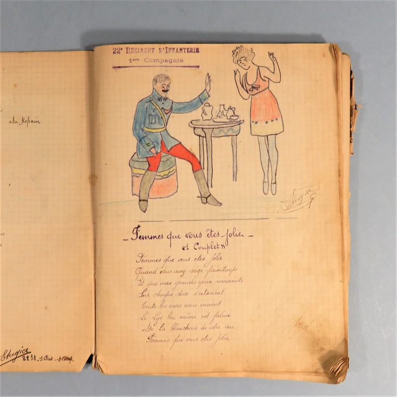 CAHIER DE CHANSONS AVEC DESSINS ET PHOTOS DU 22 ème REGIMENT D'INFANTERIE A LA VALBONNE EN 1920 1921