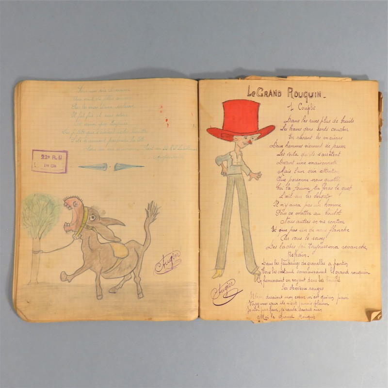 CAHIER DE CHANSONS AVEC DESSINS ET PHOTOS DU 22 ème REGIMENT D'INFANTERIE A LA VALBONNE EN 1920 1921