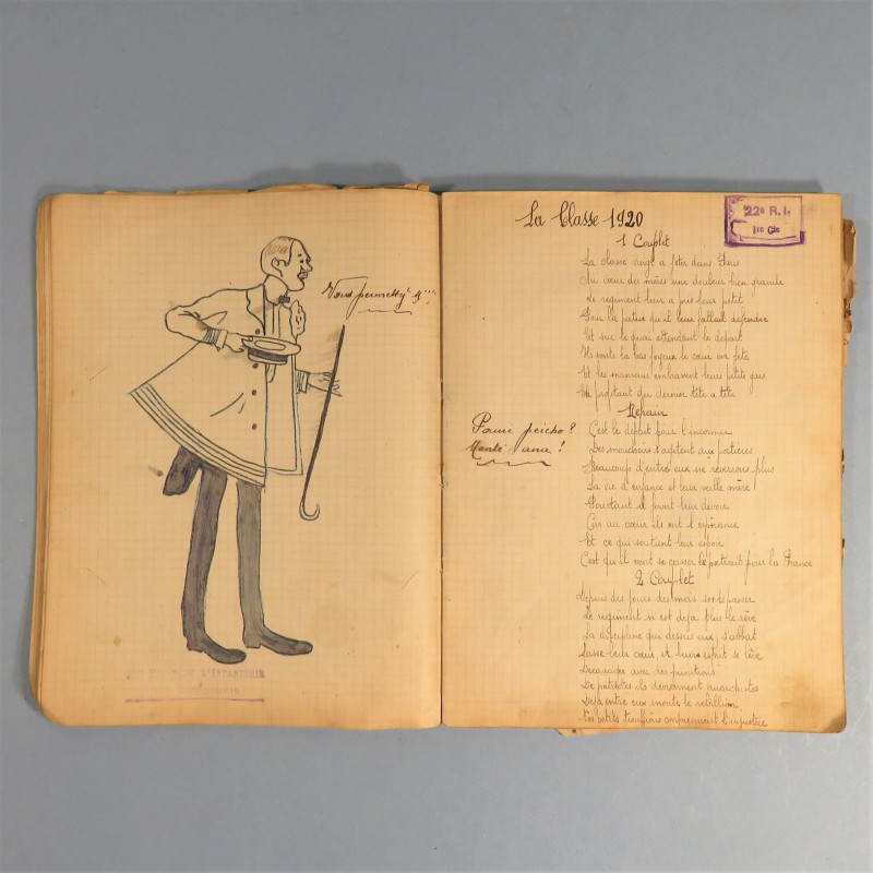 CAHIER DE CHANSONS AVEC DESSINS ET PHOTOS DU 22 ème REGIMENT D'INFANTERIE A LA VALBONNE EN 1920 1921