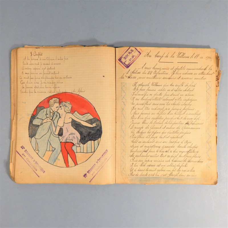 CAHIER DE CHANSONS AVEC DESSINS ET PHOTOS DU 22 ème REGIMENT D'INFANTERIE A LA VALBONNE EN 1920 1921