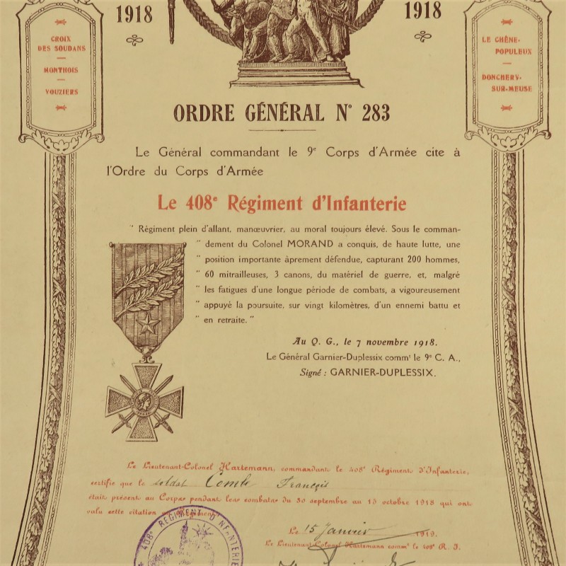 ENSEMBLE DE 4 CITATION ET 3 PRIX DE TIR POUR LE SOLDAT COMBE FRANCOIS AU 408 ème REGIMENT D'INFANTERIE GUERRE 1914 1918 DIPLOME