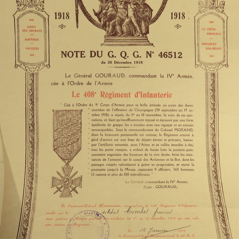 ENSEMBLE DE 4 CITATION ET 3 PRIX DE TIR POUR LE SOLDAT COMBE FRANCOIS AU 408 ème REGIMENT D'INFANTERIE GUERRE 1914 1918 DIPLOME