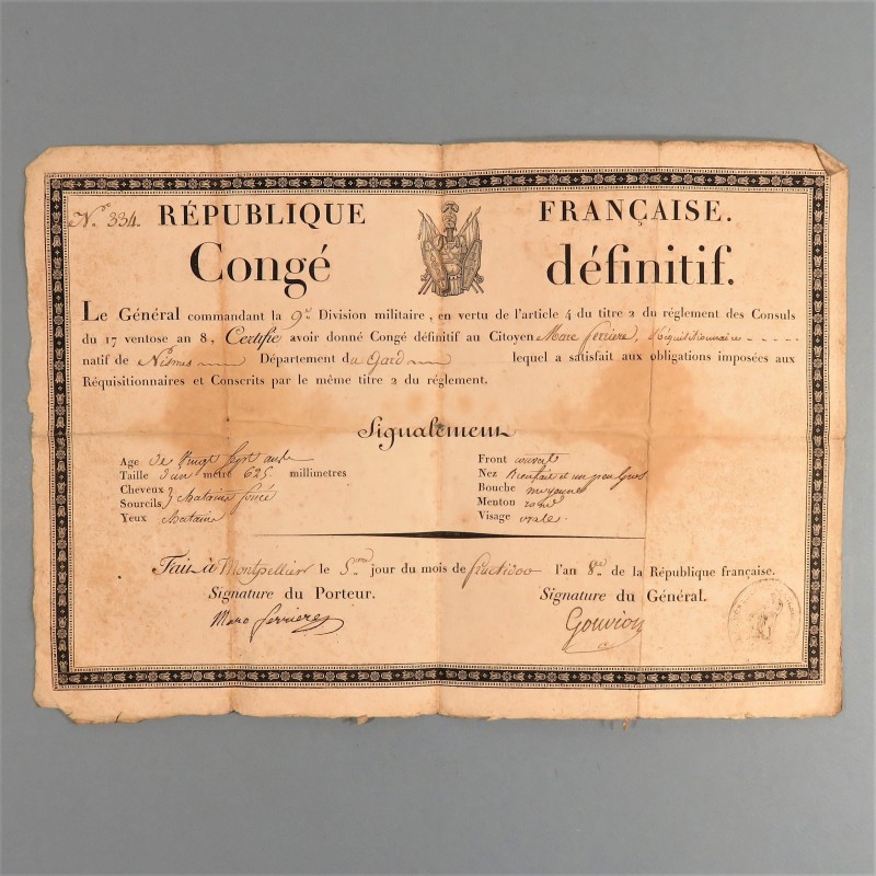 ARCHIVE EMPIRE FAMILLE FERRIERE PERE CONGE SIGNE DU GENERAL GOUVION  ET FILS GARDE NATIONAL 1830 A 1852