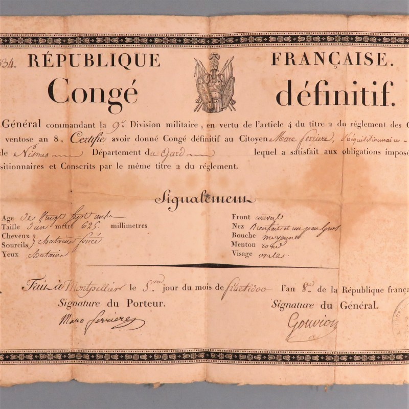 ARCHIVE EMPIRE FAMILLE FERRIERE PERE CONGE SIGNE DU GENERAL GOUVION  ET FILS GARDE NATIONAL 1830 A 1852