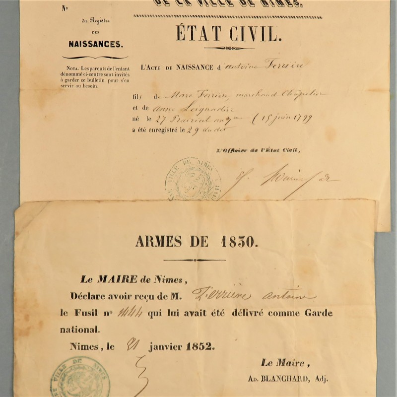 ARCHIVE EMPIRE FAMILLE FERRIERE PERE CONGE SIGNE DU GENERAL GOUVION  ET FILS GARDE NATIONAL 1830 A 1852