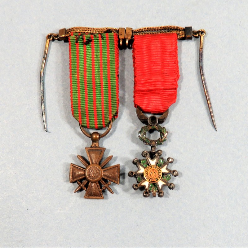 FRANCE CHAINETTE BARRETTE DE 2 REDUCTIONS LEGION D'HONNEUR AVEC BRILLANTS CROIX DE GUERRE 14 18 AVEC 6 ETOILES OU CITATIONS °