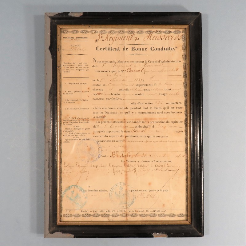 CADRE CERTIFICAT DE BONNE CONDUITE D'UN MARECHAL DES LOGIS AU 3 ème REGIMENT DE HUSSARDS DATE A BLIDAHS 1864 CITATION