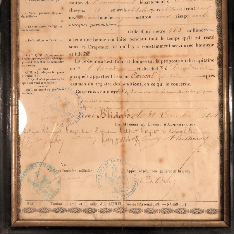 CADRE CERTIFICAT DE BONNE CONDUITE D'UN MARECHAL DES LOGIS AU 3 ème REGIMENT DE HUSSARDS DATE A BLIDAHS 1864 CITATION