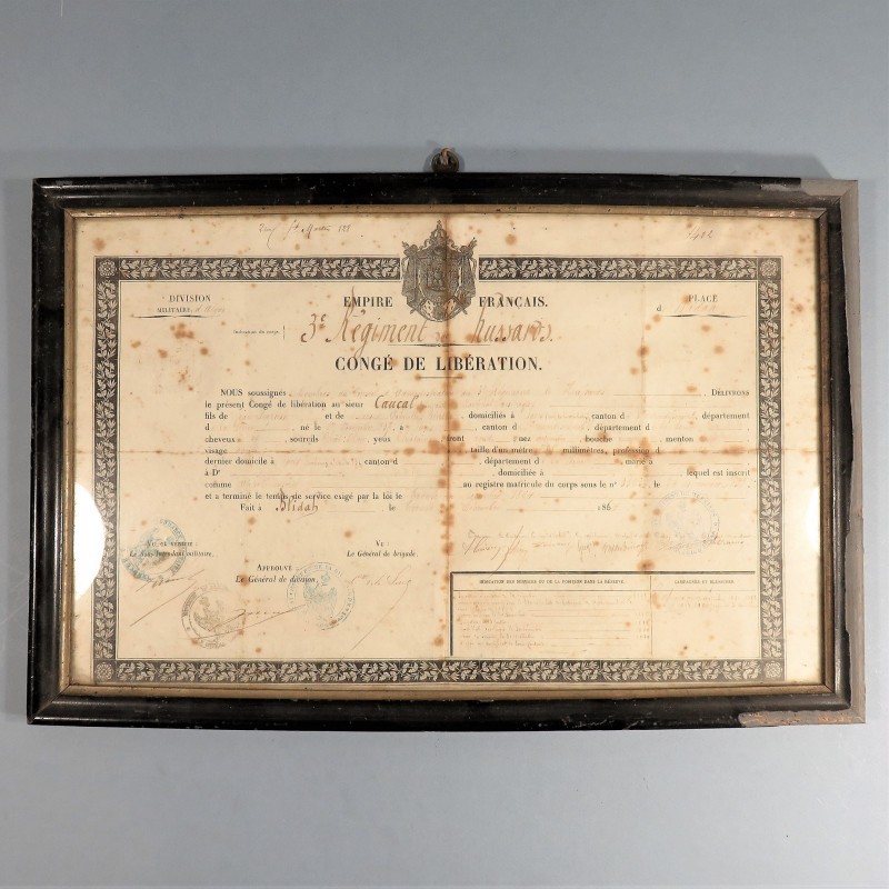 CADRE CERTIFICAT DE BONNE CONDUITE D'UN MARECHAL DES LOGIS AU 3 ème REGIMENT DE HUSSARDS DATE A BLIDAHS 1864 CITATION