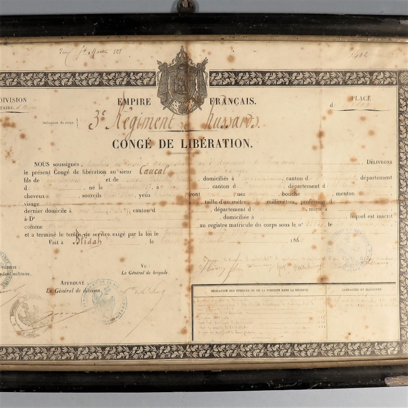 CADRE CERTIFICAT DE BONNE CONDUITE D'UN MARECHAL DES LOGIS AU 3 ème REGIMENT DE HUSSARDS DATE A BLIDAHS 1864 CITATION