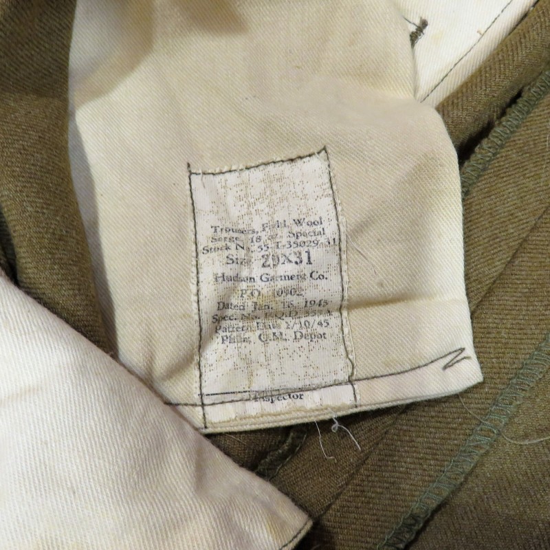 PANTALON US TROUPE MOUTARDE MODELE 1937 ETIQUETTE DATEE 1940 TOUR DE TAILLE 80 cm UNIFORME GI DATE 1945