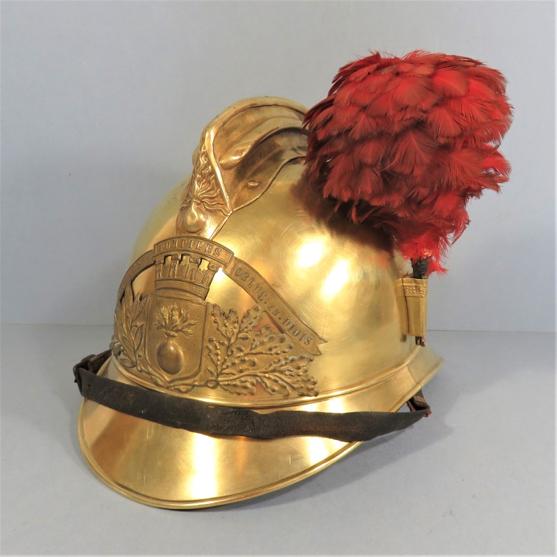 CASQUE DES SAPEURS-POMPIERS DE LA VILLE DE LUC EN DIOIS MODELE 1885 1895 COMPLET AVEC PLUMET ROUGE