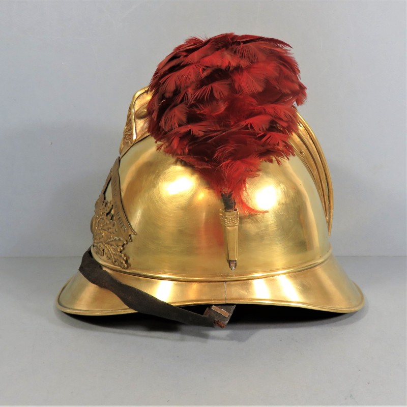 CASQUE DES SAPEURS-POMPIERS DE LA VILLE DE LUC EN DIOIS MODELE 1885 1895 COMPLET AVEC PLUMET ROUGE