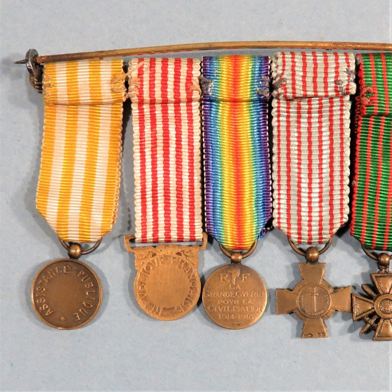 BARRETTE DE 7 REDUCTIONS MEDAILLES MILITAIRES D'UN ANCIEN DE LA PREMIERE GUERRE LEGION D'HONNEUR NICHAN IFTIKHAR