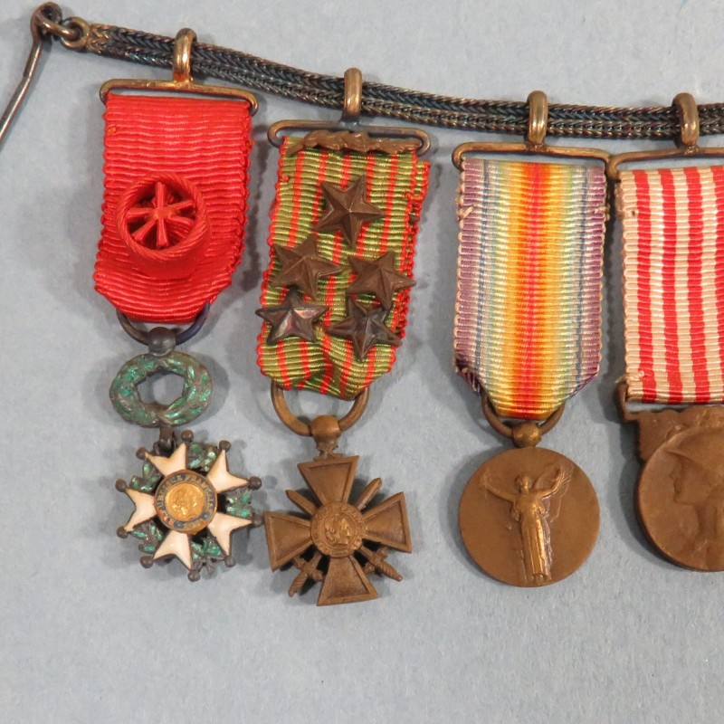 FRANCE CHAINE OU BARRETTE DE 6 REDUCTIONS ANCIEN OFFICIER 1914 1918 CROIX DE GUERRE AVEC CITATIONS MERITE MILITAIRE ESPAGNOLE °