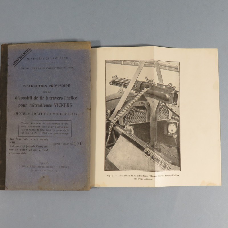 MANUEL D'INSTRUCTION DISPOSITIF DE TIR A TRAVERS L'HELICE POUR MITRAILLEUSE VICKERS DATE 1916 AVIATION 1914 1918