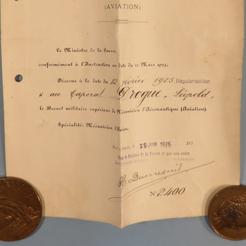 BREVET MILITAIRE SUPERIEUR DE MECANICIEN D'AERONAUTIQUE AVIATION AU CAPORAL DROGUE LEOPOLD DATE 1925