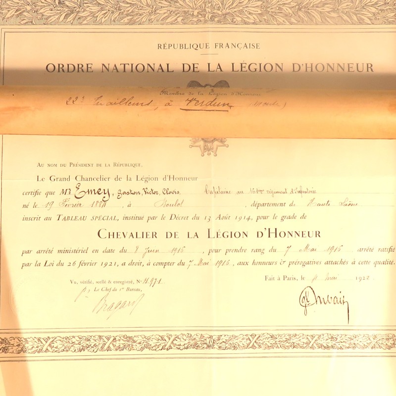 ENSEMBLE DE 6 DIPLOMES CITATIONS CHEF DE BATAILLON DU 22 ème RTA AU 161, 150, ET 519 èmeS REGIMENTS GUERRE 1914 1918 ANNEES 1920