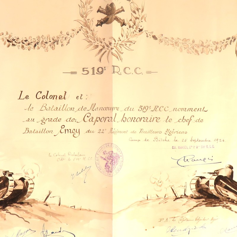 ENSEMBLE DE 6 DIPLOMES CITATIONS CHEF DE BATAILLON DU 22 ème RTA AU 161, 150, ET 519 èmeS REGIMENTS GUERRE 1914 1918 ANNEES 1920