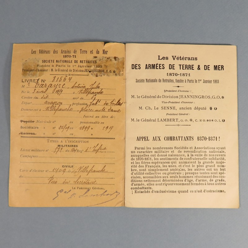 MEDAILLES DES ANCIENS COMBATTANTS GUERRE DE 1870 1871 AVEC SON LIVRET ET SA CARTE 1899 MATRICULE ET NOMINATIF