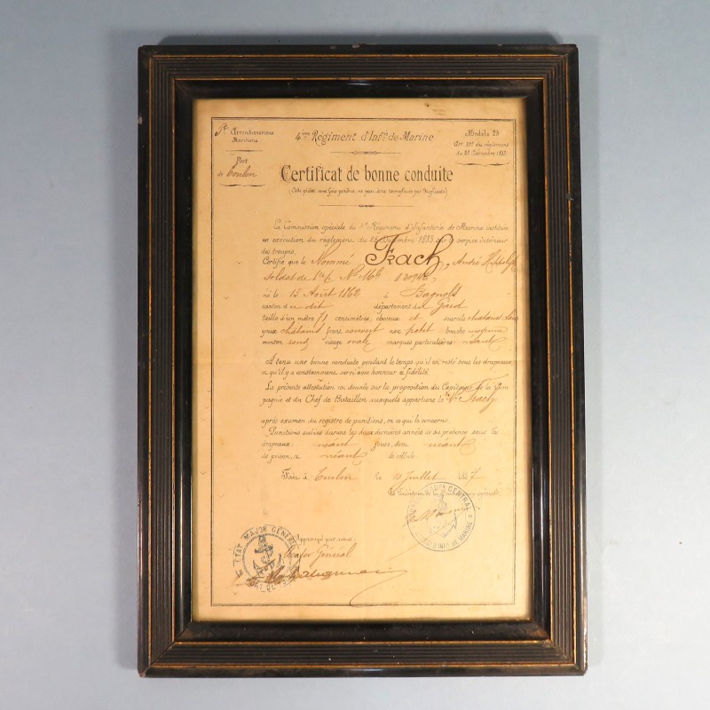 CADRE CERTIFICAT DE BONNE CONDUITE COLONIAL DU 4 ème REGIMENT DE D'INFANTERIE DE MARINE DATE 1887 CITATION