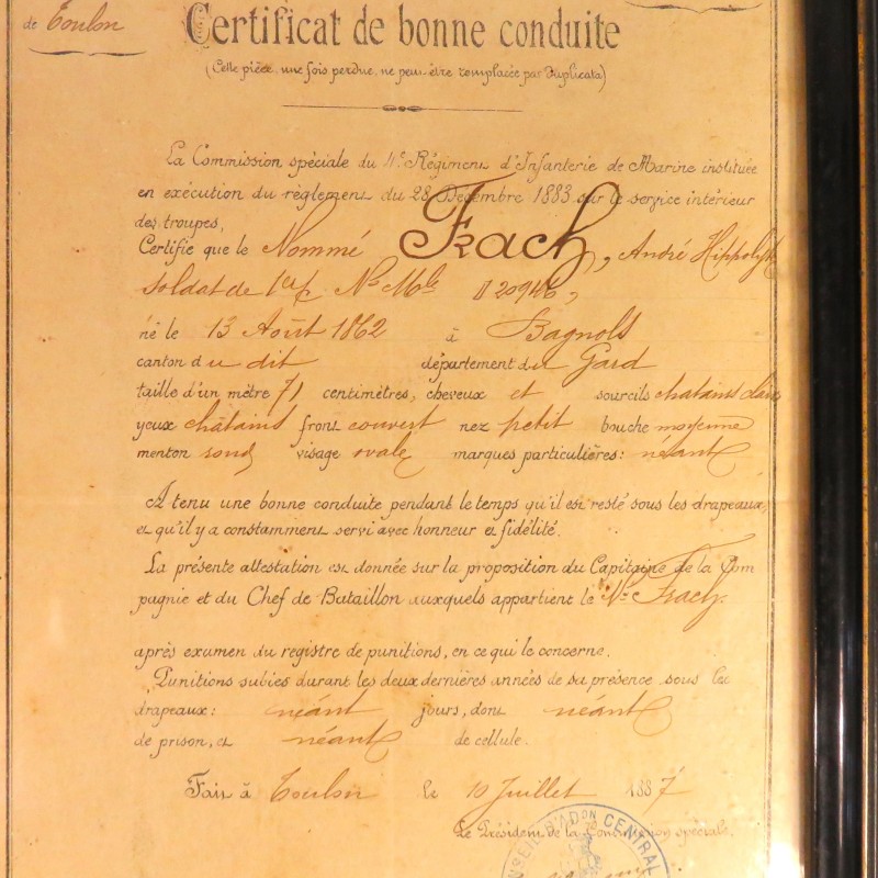 CADRE CERTIFICAT DE BONNE CONDUITE COLONIAL DU 4 ème REGIMENT DE D'INFANTERIE DE MARINE DATE 1887 CITATION