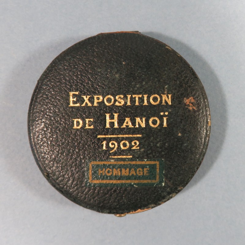 MEDAILLE DE TABLE EN BRONZE HOMMAGE INDOCHINE FRANCAISE EXPOSITION DE HANOI 1902 1903 AVEC SON COFFRET