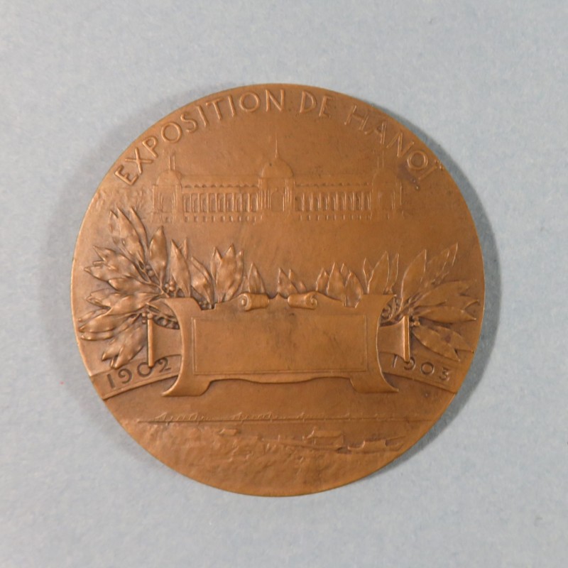 MEDAILLE DE TABLE EN BRONZE HOMMAGE INDOCHINE FRANCAISE EXPOSITION DE HANOI 1902 1903 AVEC SON COFFRET