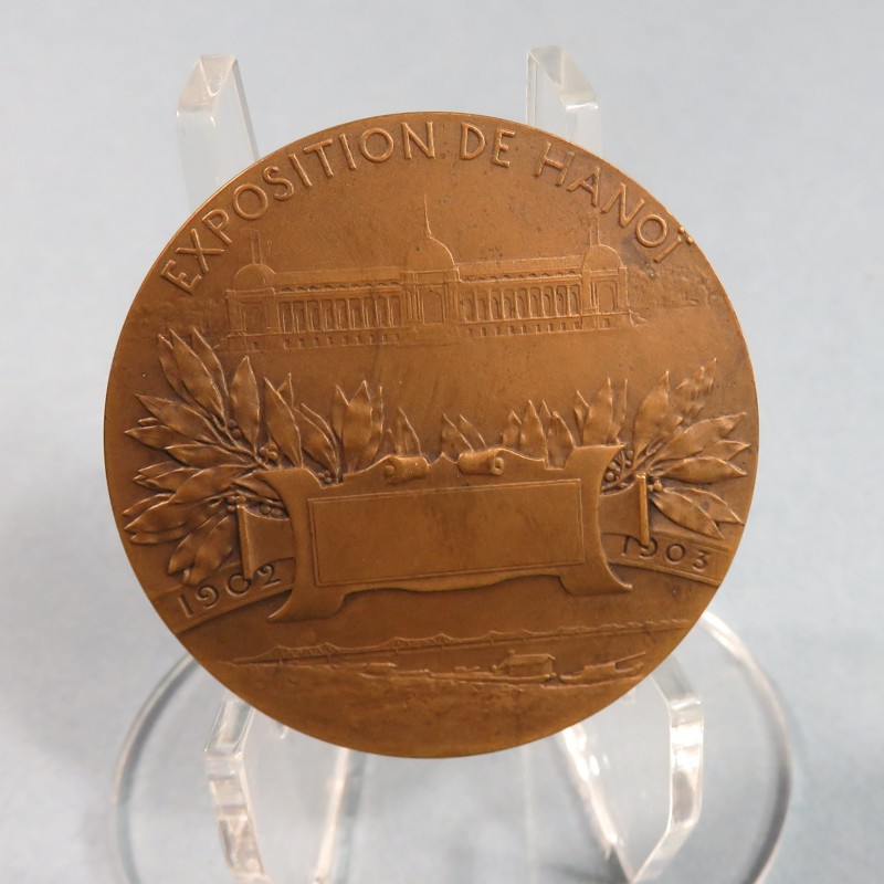 MEDAILLE DE TABLE EN BRONZE HOMMAGE INDOCHINE FRANCAISE EXPOSITION DE HANOI 1902 1903 AVEC SON COFFRET