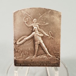 MEDAILLE DE LA FEDERATION NATIONALE DES SOCIETES DE NATATION ET DE SAUVETAGE VERS 1900 GRAVEUR R. BRANGIER EN BRONZE ARGENTE