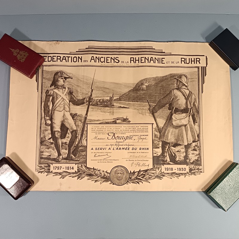 DIPLOME DE LA MEDAILLE DE LA FEDERATION DES ANCIENS DE LA RHENANIE ET DE LA RUHRE ATTRIBUE A UN SERGENT DU 170 ème RI