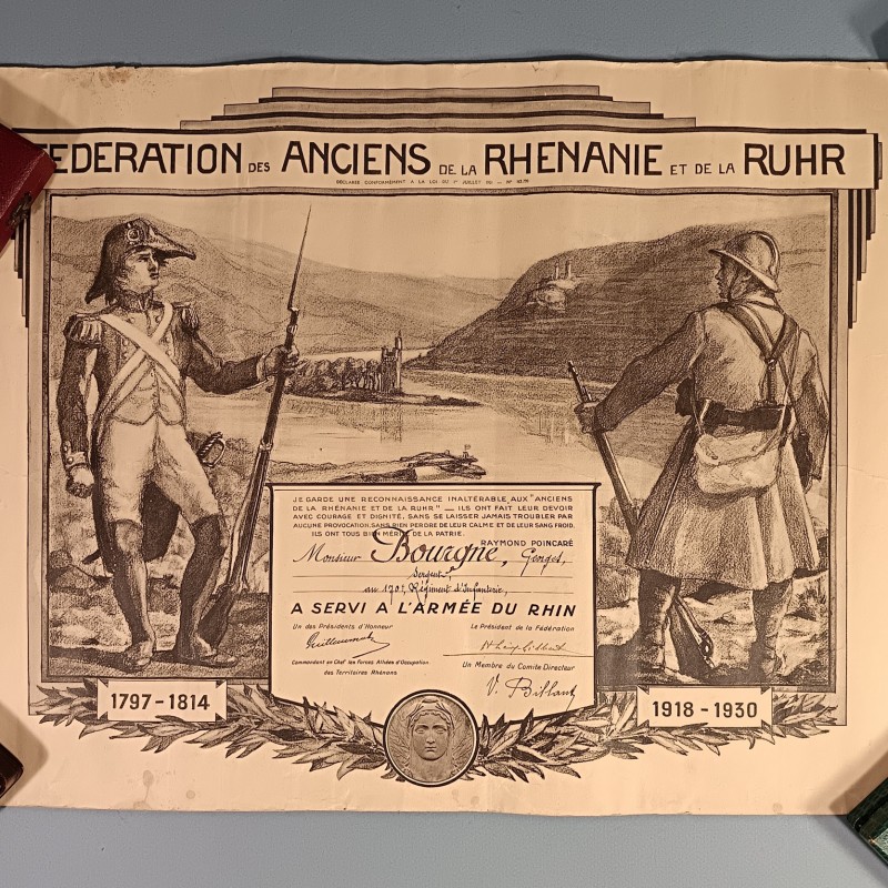 DIPLOME DE LA MEDAILLE DE LA FEDERATION DES ANCIENS DE LA RHENANIE ET DE LA RUHRE ATTRIBUE A UN SERGENT DU 170 ème RI